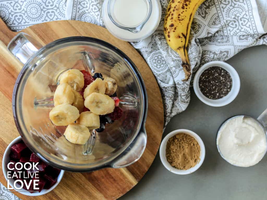 Ingredients in a blender to make camu camu smoothie