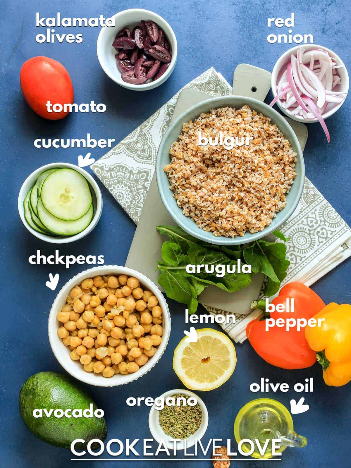 Ingredients to make mediterranean grain bowls on table with text labels