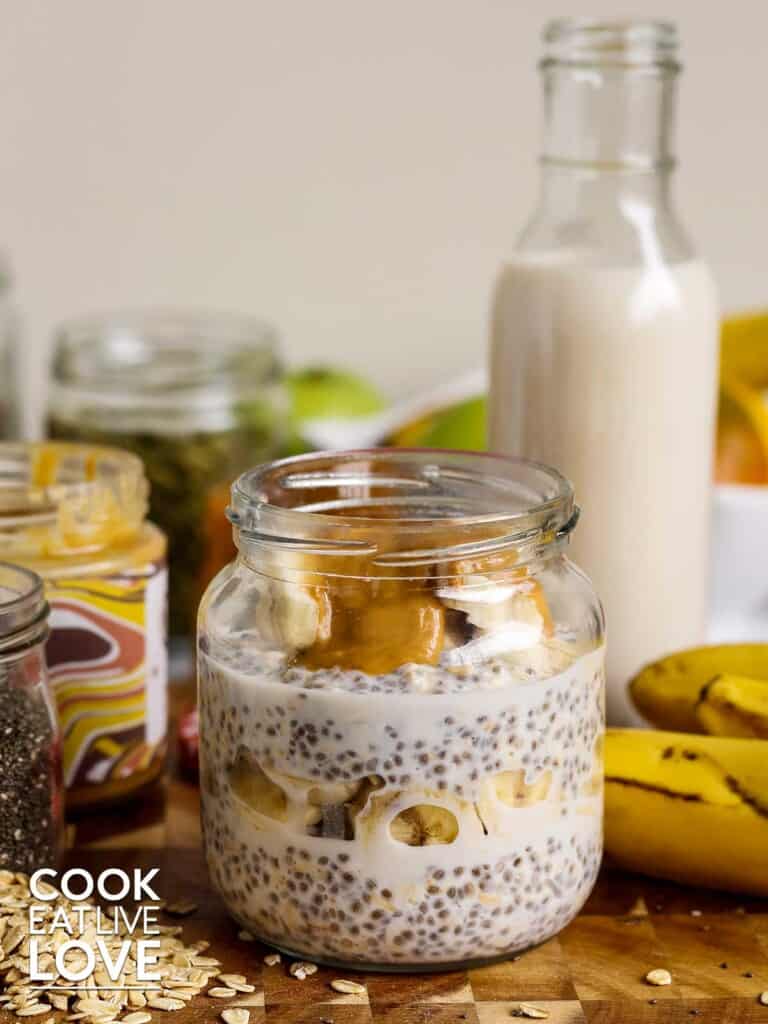 Overnight oats with peanut butter and bananas in a jar