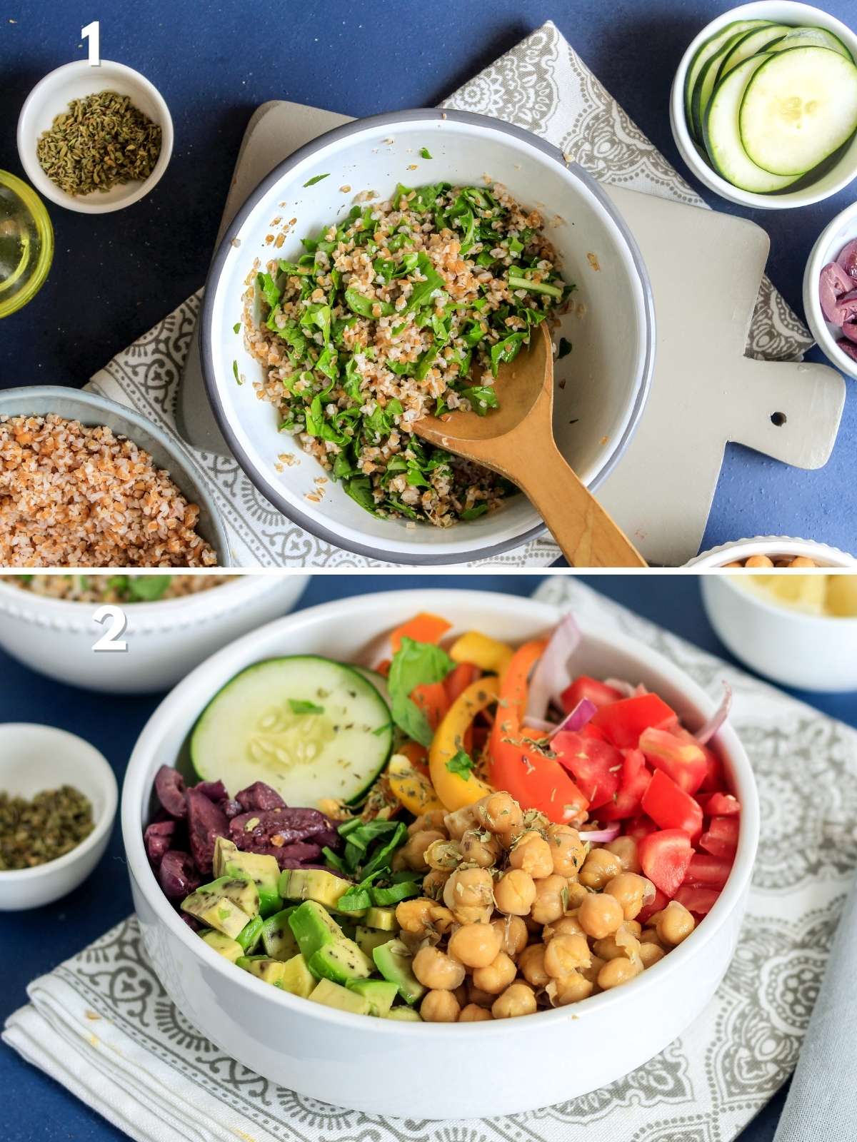 Collage of making grain bowls. Top is grain and arugula in a bowl and in the bottom topped with all the ingredients.