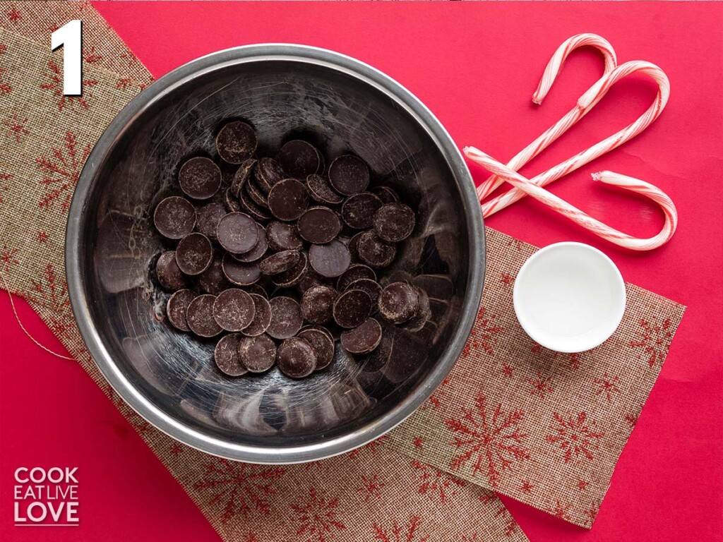 Dark chocolate in a metal bowl to melt chocolate.