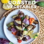 PIn for pinterest graphic with image of mediterranean roasted vegetables with text overlay.