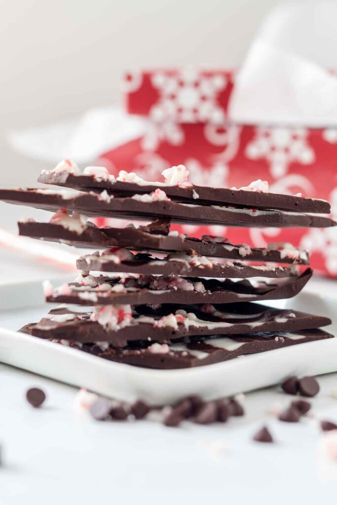 Front on view of stack of vegan peppermint bark.