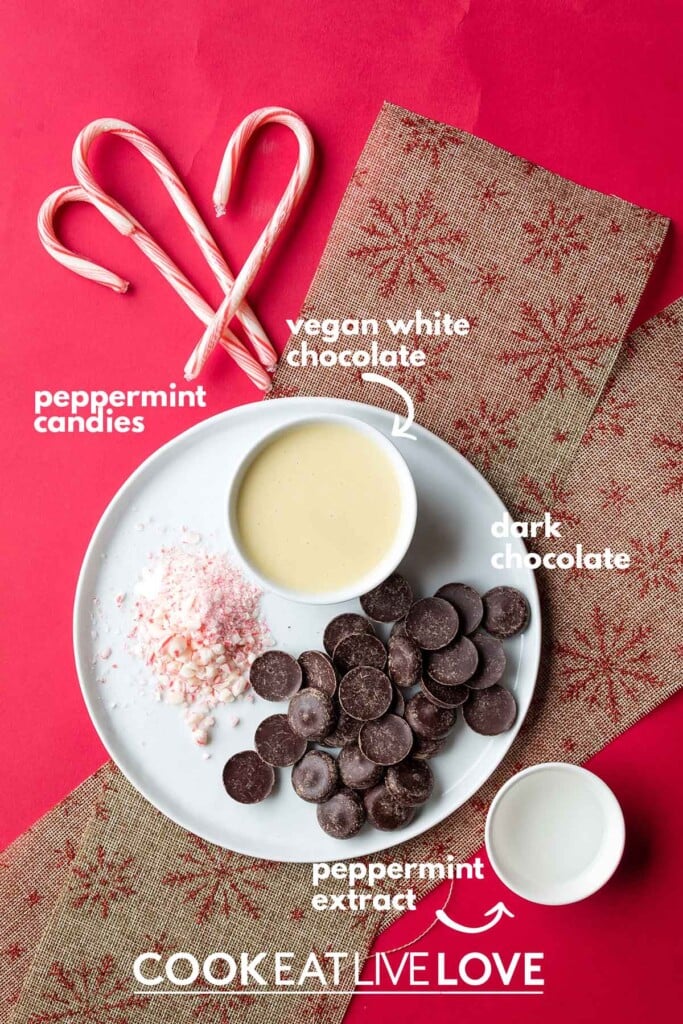 Ingredients to make vegan peppermint bark on the table with text labels.