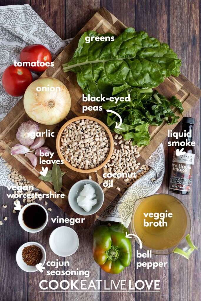 Ingredients to make healthy black eyed peas on the table with text labels.