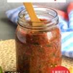 Pin for pinterest graphic with salsa in jar with spoon