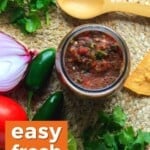 Pin for pinterest graphic with jar of salsa and fresh veggies