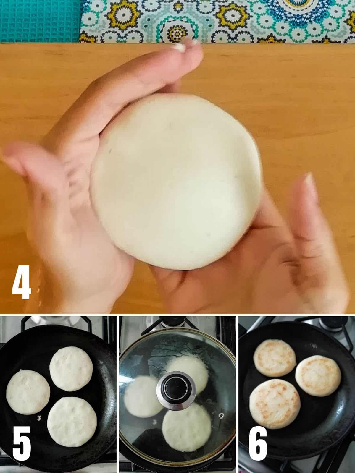 Collage of pictures showing how to shape and cook Venezuelan arepas