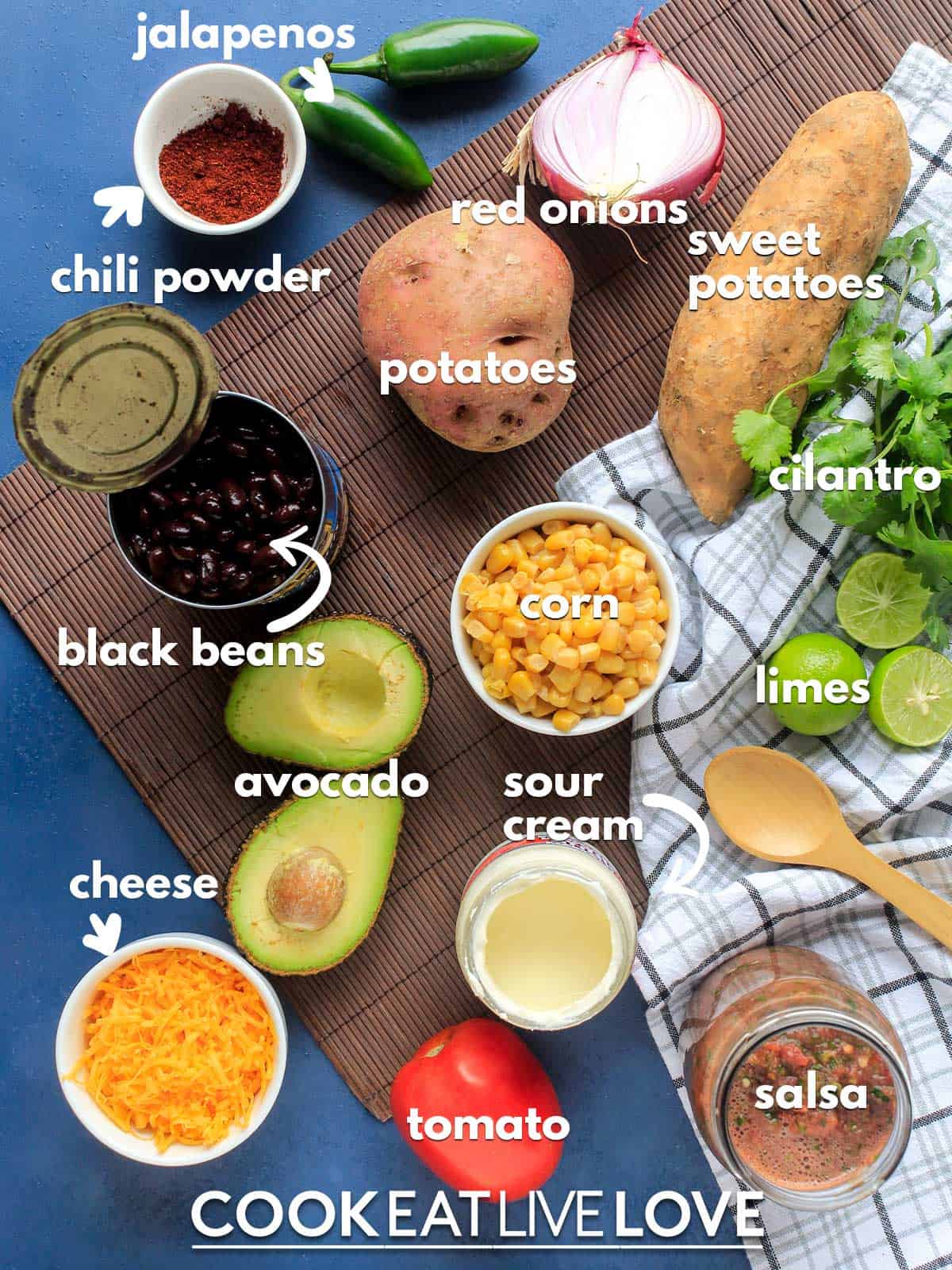 Ingredients to make veggie potato nachos on the table with text labels