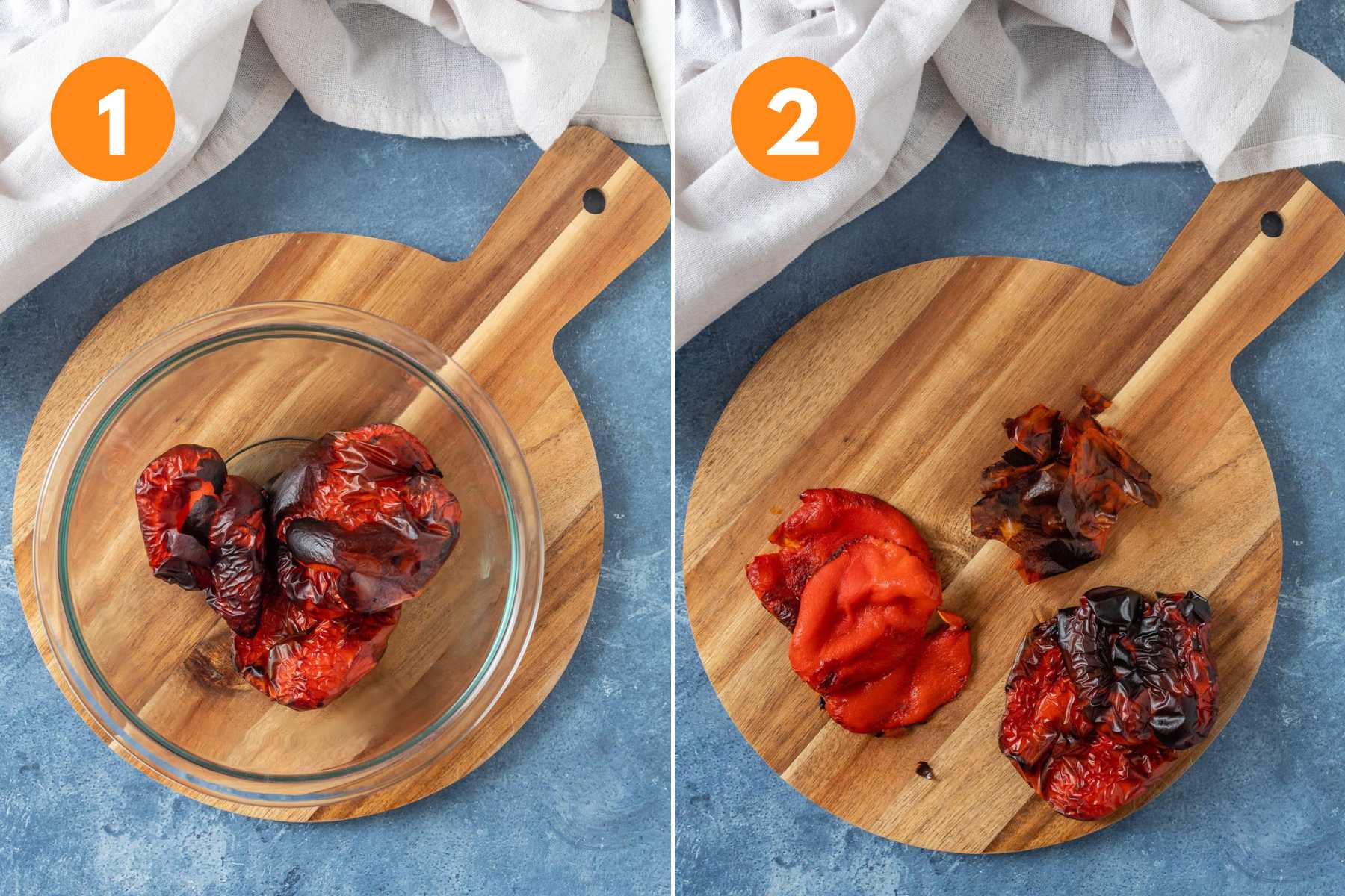 A collage of roasted red peppers in a bowl and then after peeling off the skin.