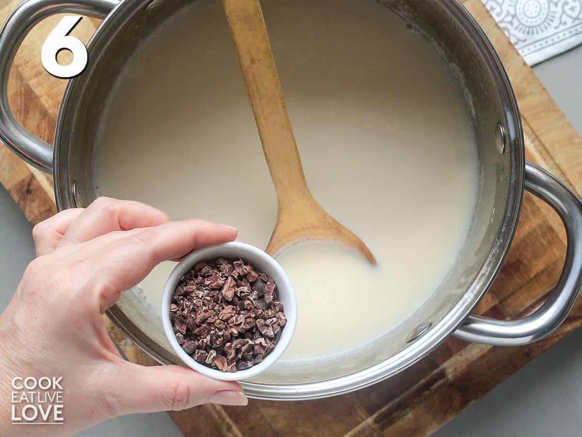 Adding some cacao nibs to flavor up the soy milk