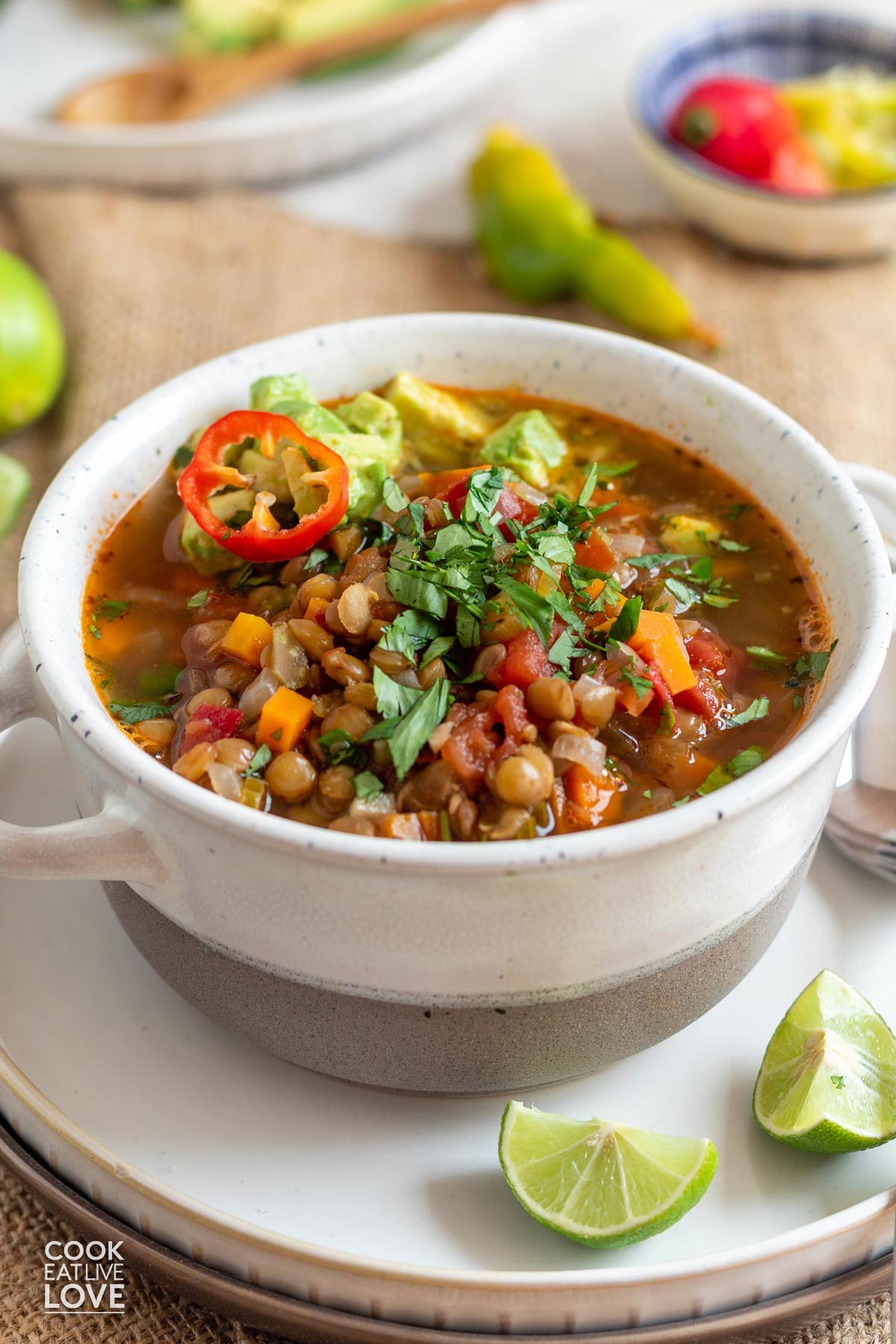 Bowl of mexican lentil soup topped with cilantro, chilies and avocado.