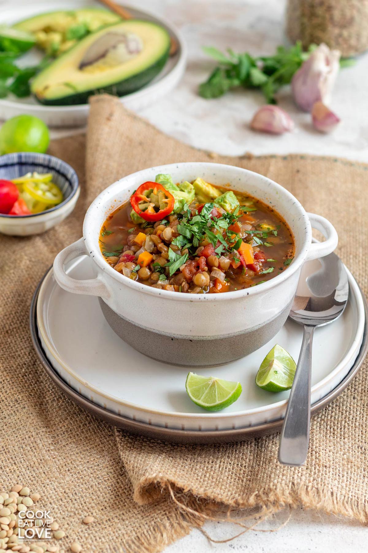 Bowl of mexican lentil soup on the table.