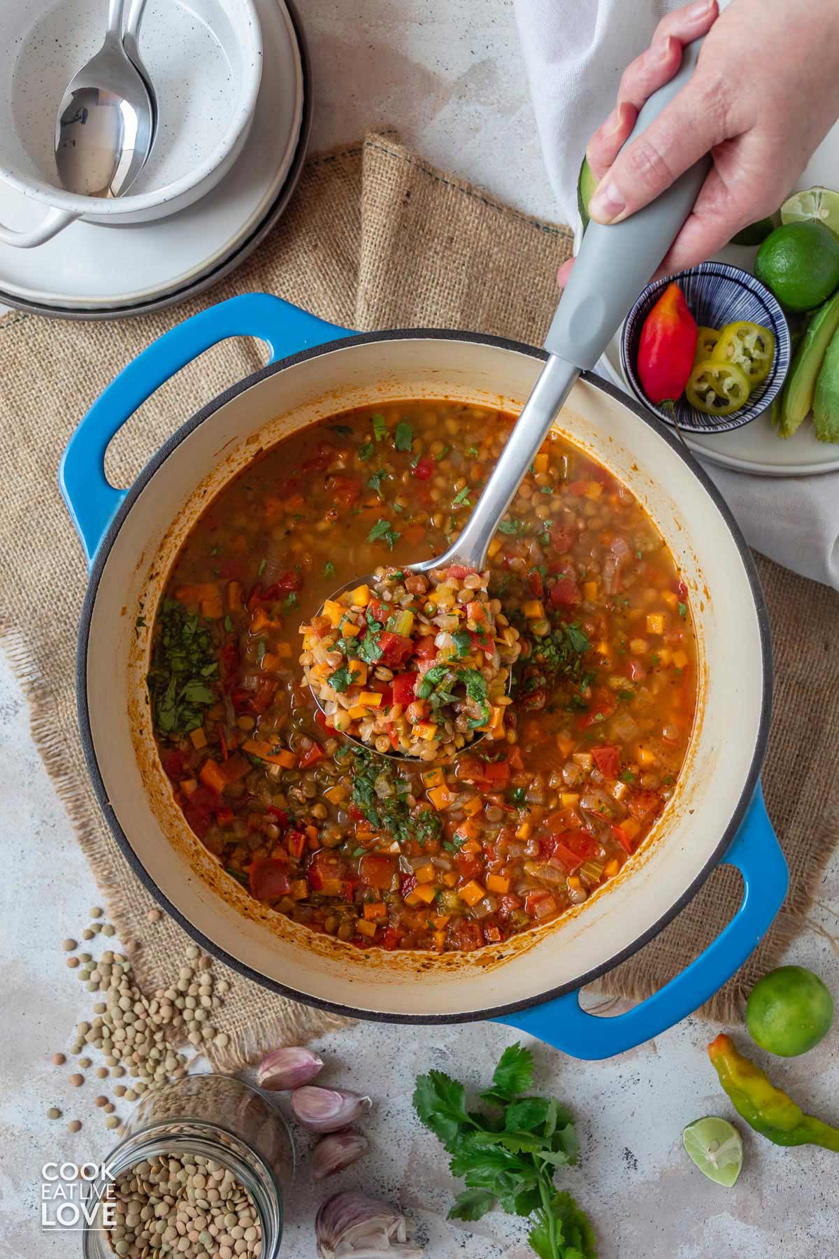 Pot of Mexican lentil soup in a pot with a ladle scooping up a serving.