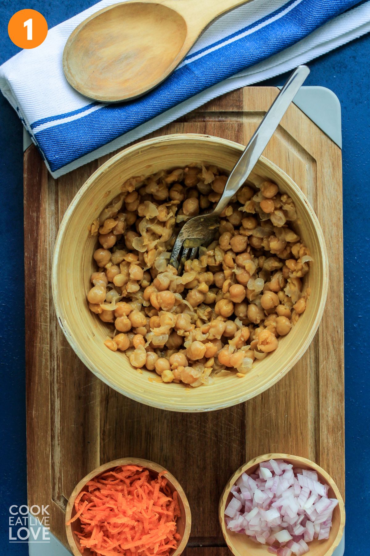Chickpeas in a bowl with a fork. 