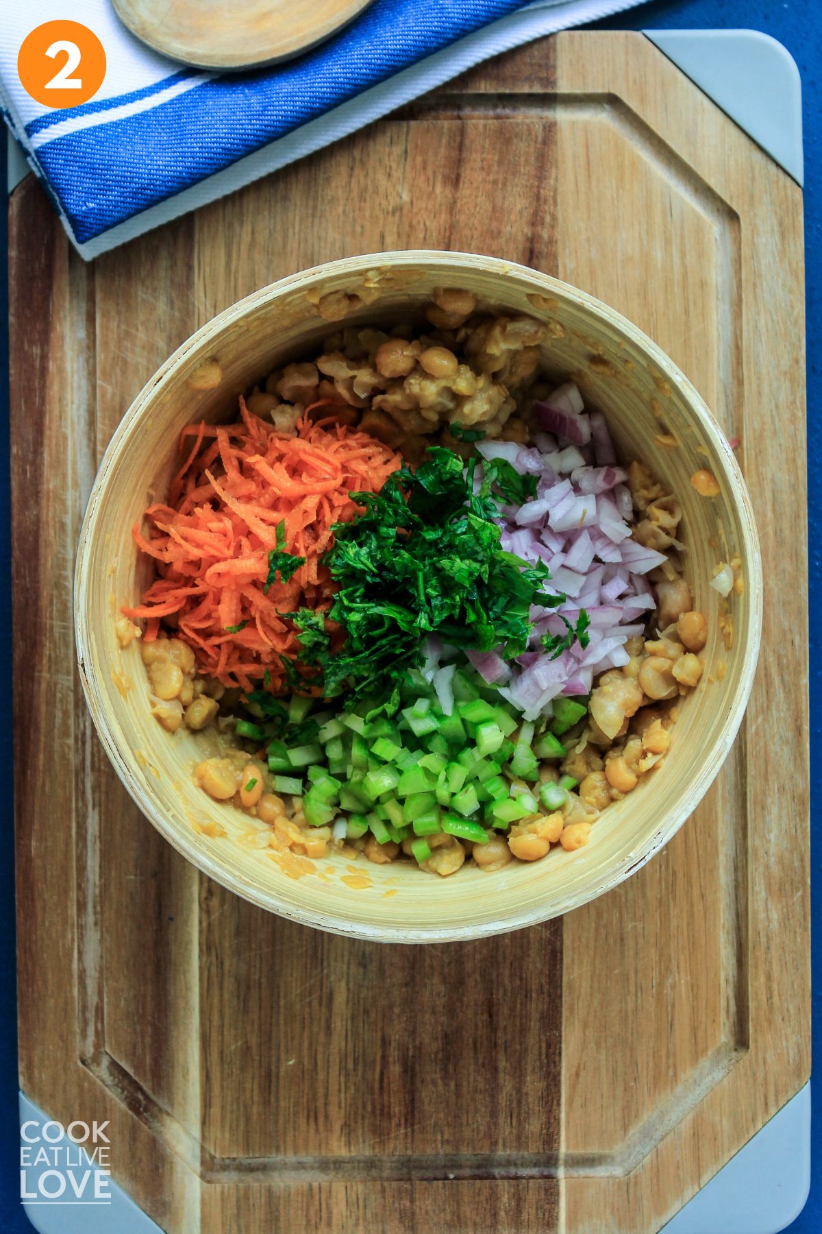 Ingredients for smashed chickpea salad in a bowl.