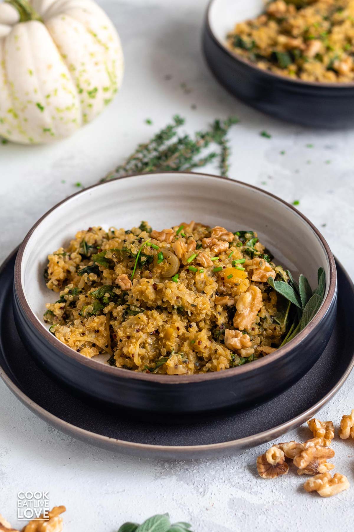 Bowl of quinoa risotto on the table with fresh herbs.
