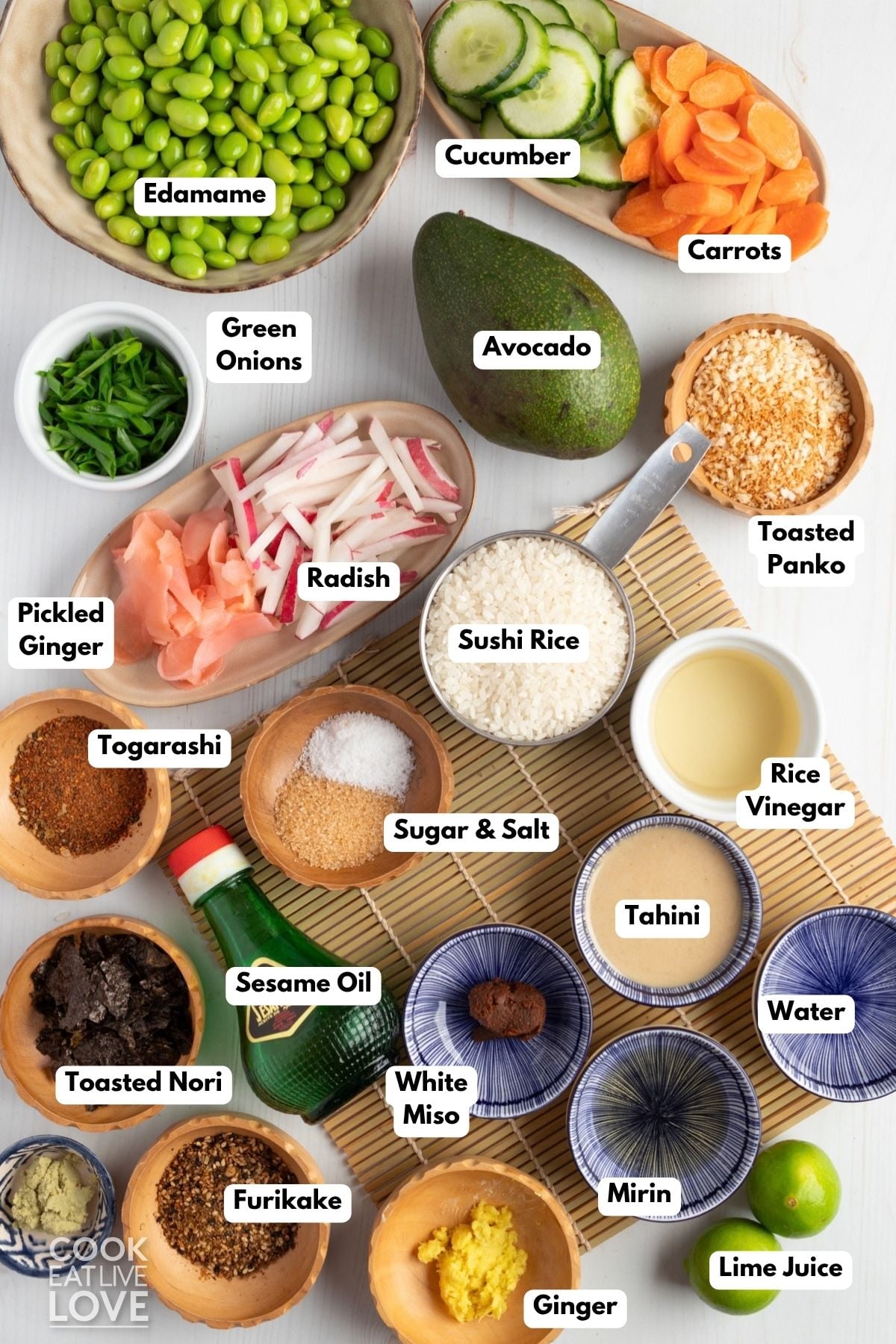 Ingredients to make veggie sushi bowls with labels. 