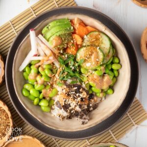 Vegan sushi bowl on a table.