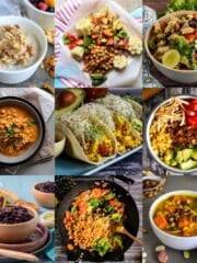 Collage of easy vegan meal prep recipes.