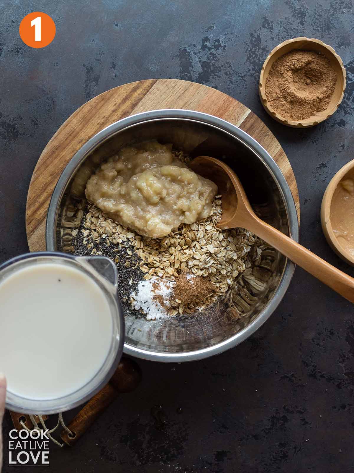 Ingredients added to bowl to make vegan baked oats.