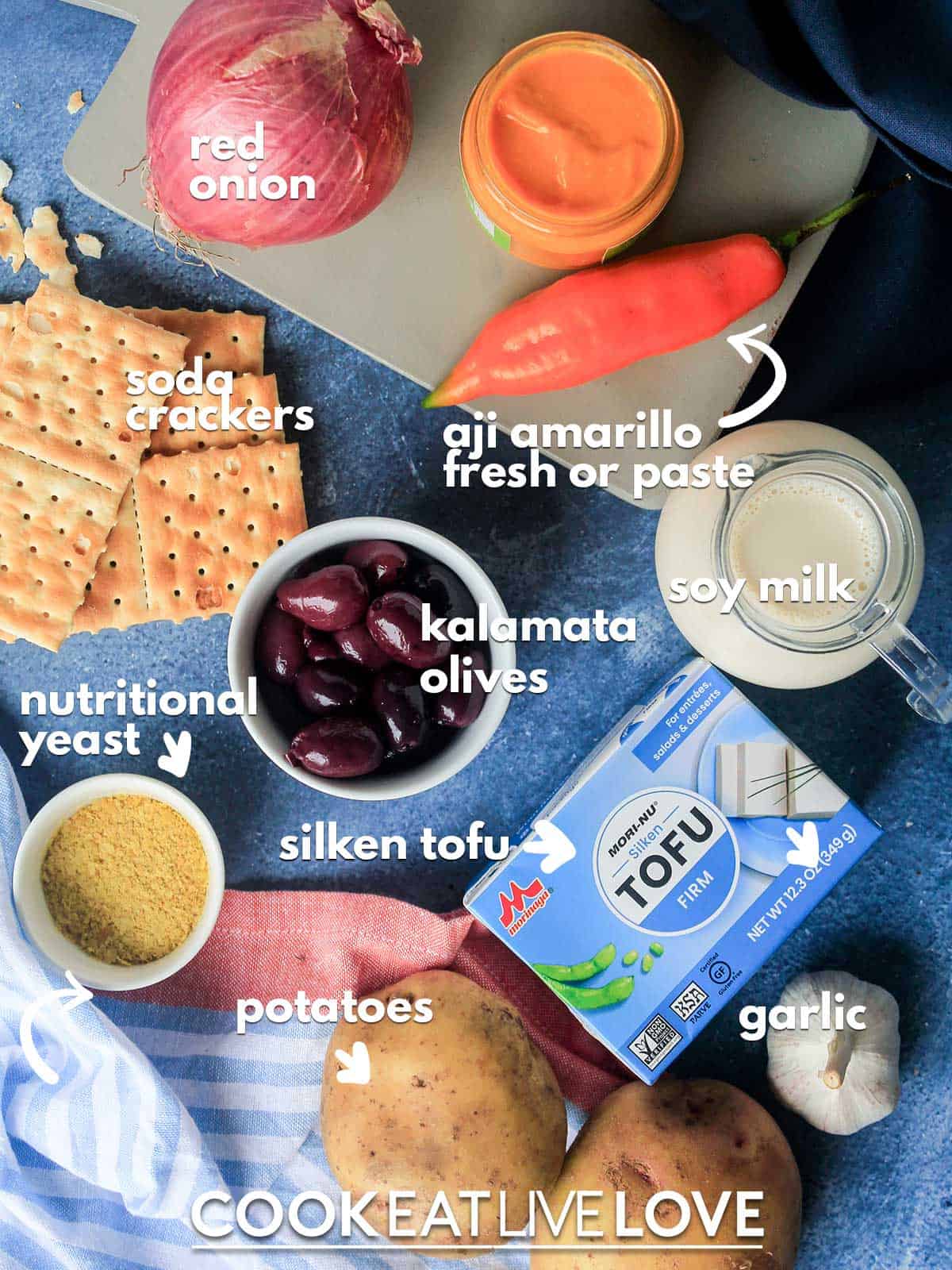 Ingredients to make huancaina sauce with potatoes on table with text labels