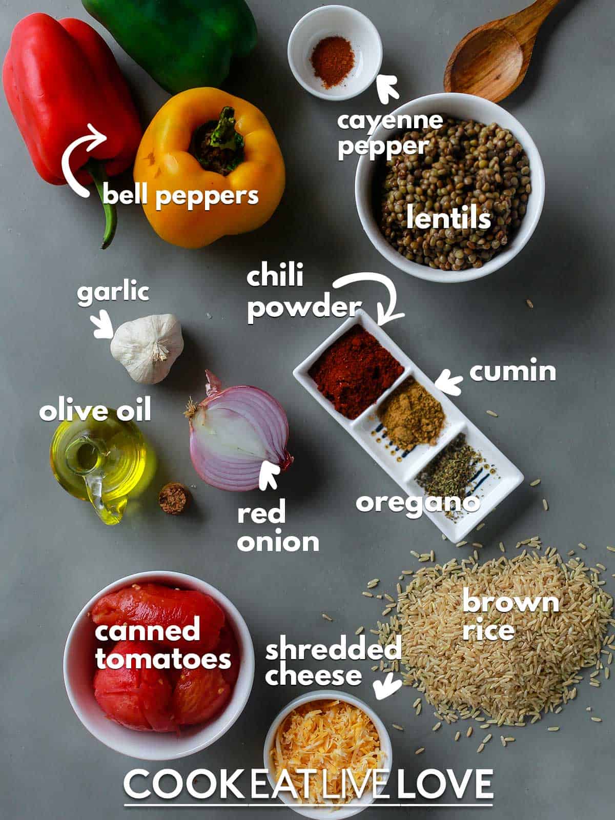 Ingredients to make lentil stuffed peppers on the table with text labels