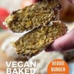 Pin for pinterest graphic with image of vegan chickpea burger cut in half and text on top