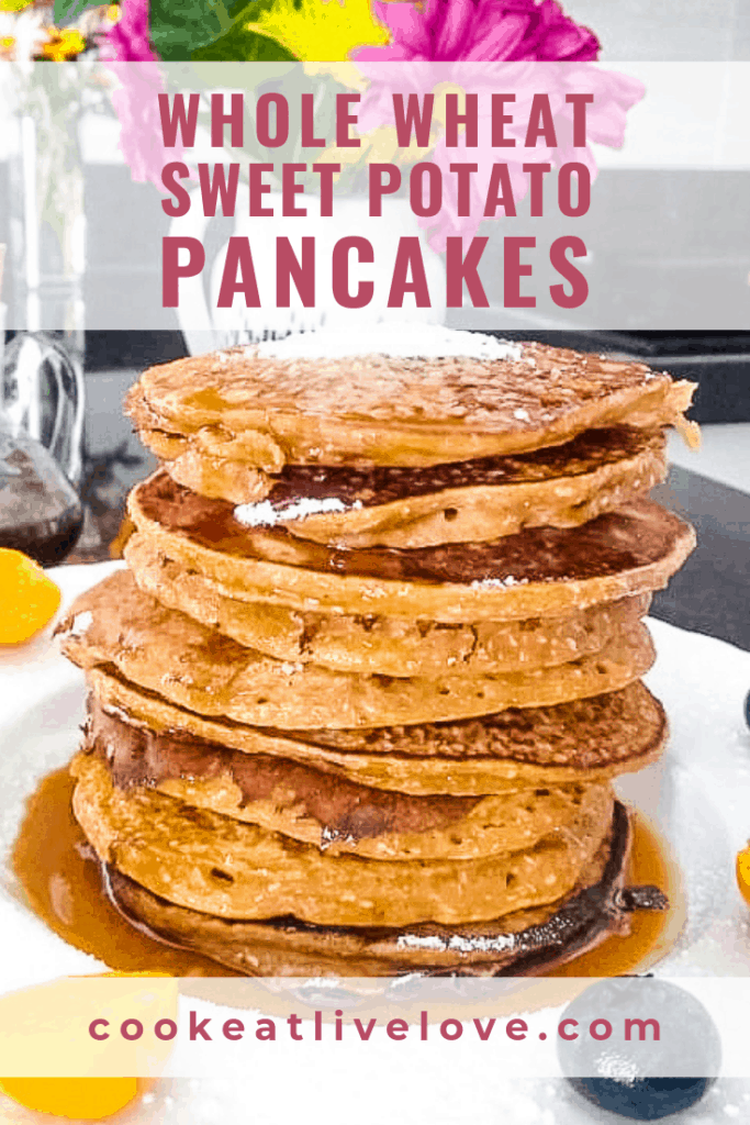 Pin for pinterest showing a huge stack of these delicious whole wheat sweet potato pancakes