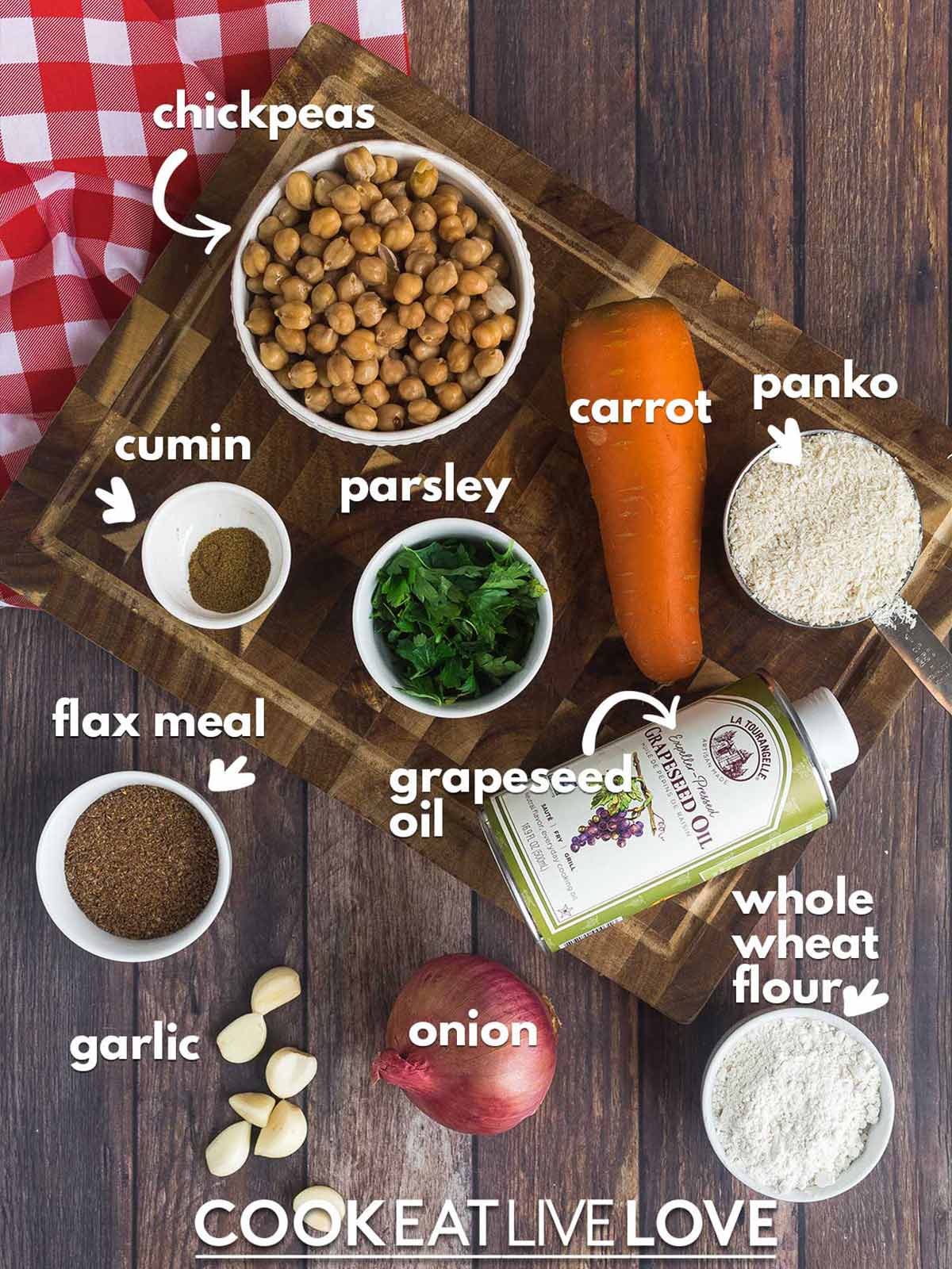 Ingredients to make vegan chickpea burgers on the table with text labels