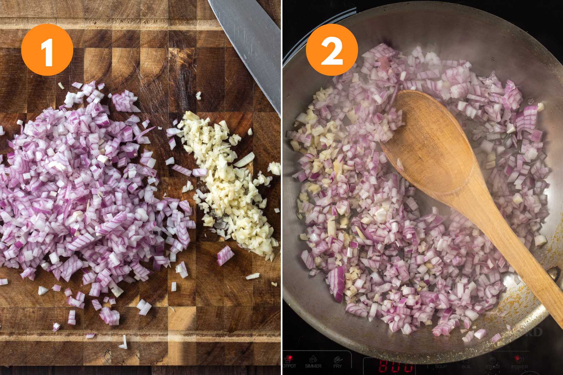 Red onions and garlic chopped into small pieces and in a pan cooking.