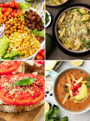 A collage of vegetarian lunch ideas including a tomato toast, salad, pasta, and soup.