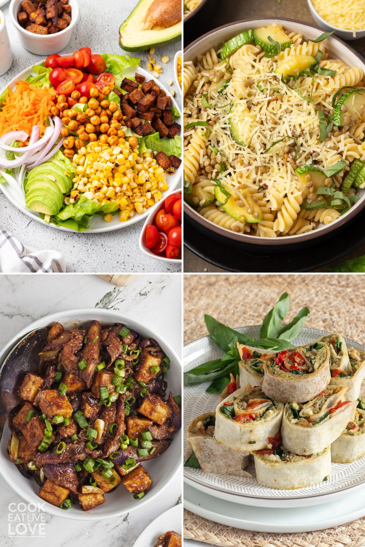 A collage of dishes that work great for vegetarian lunch ideas including a pasta, hot dish, pinwheels, and salad. 