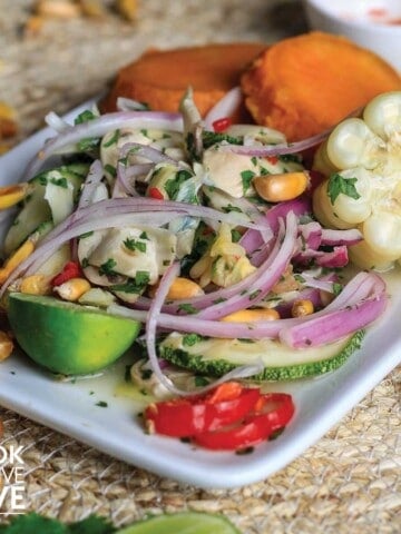 Vegan ceviche on a white plate