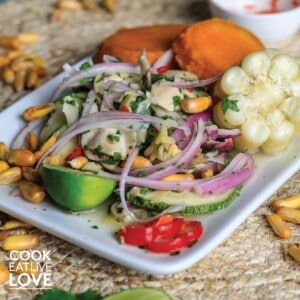 Vegan ceviche served up on white plate