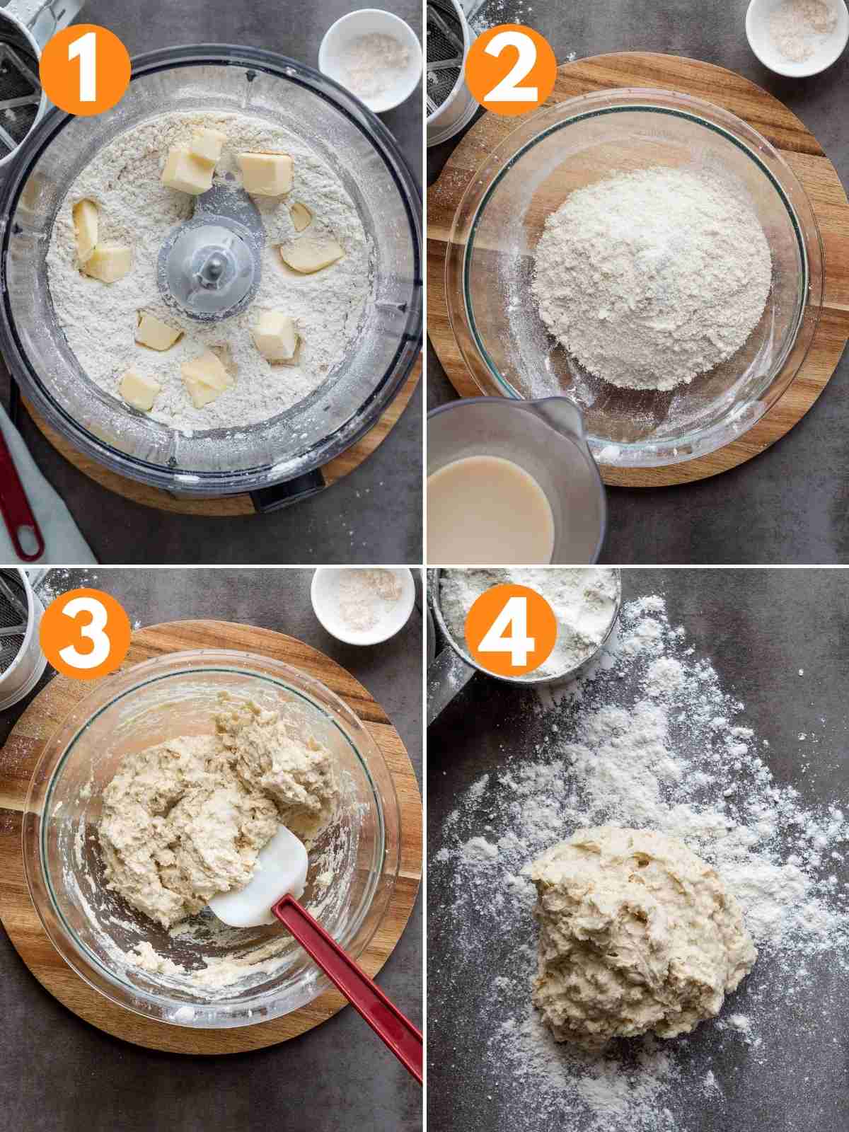 A collage showing making the biscuit dough in four steps.