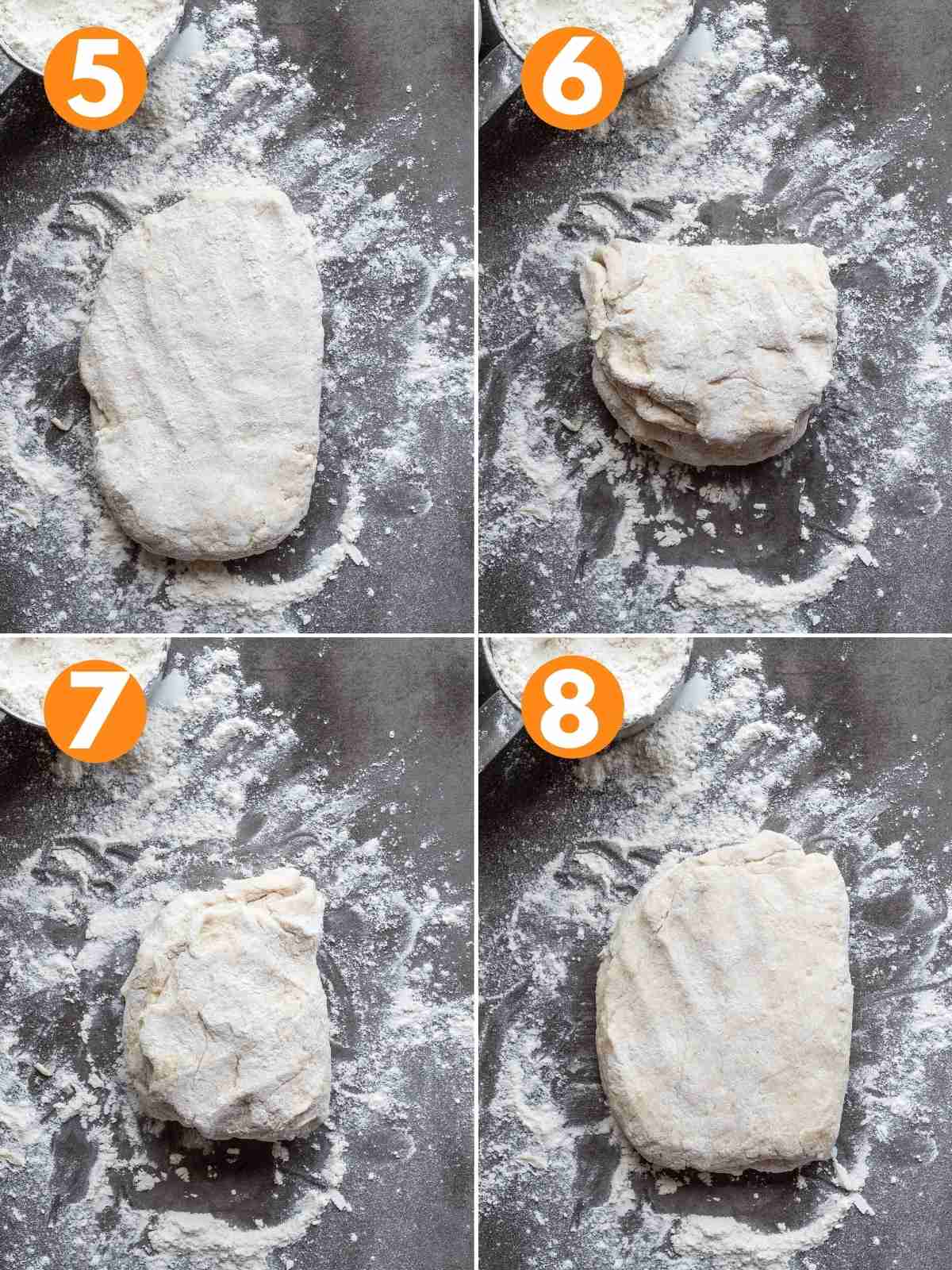 A collage of images showing how to roll out the air fryer biscuits.