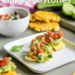 Pin for pinterest graphic with tostones on a plate and text on top.