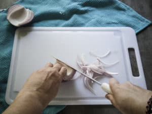 Demonstration of slicing onion feathers by slicing onion lengthwise.