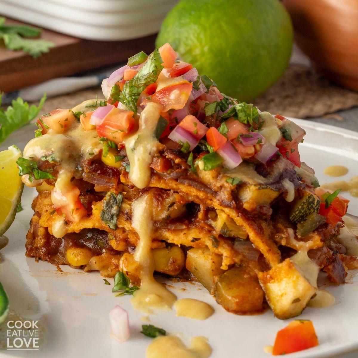 Vegan enchilada casserole served up on a plate in front of the casserole dish.