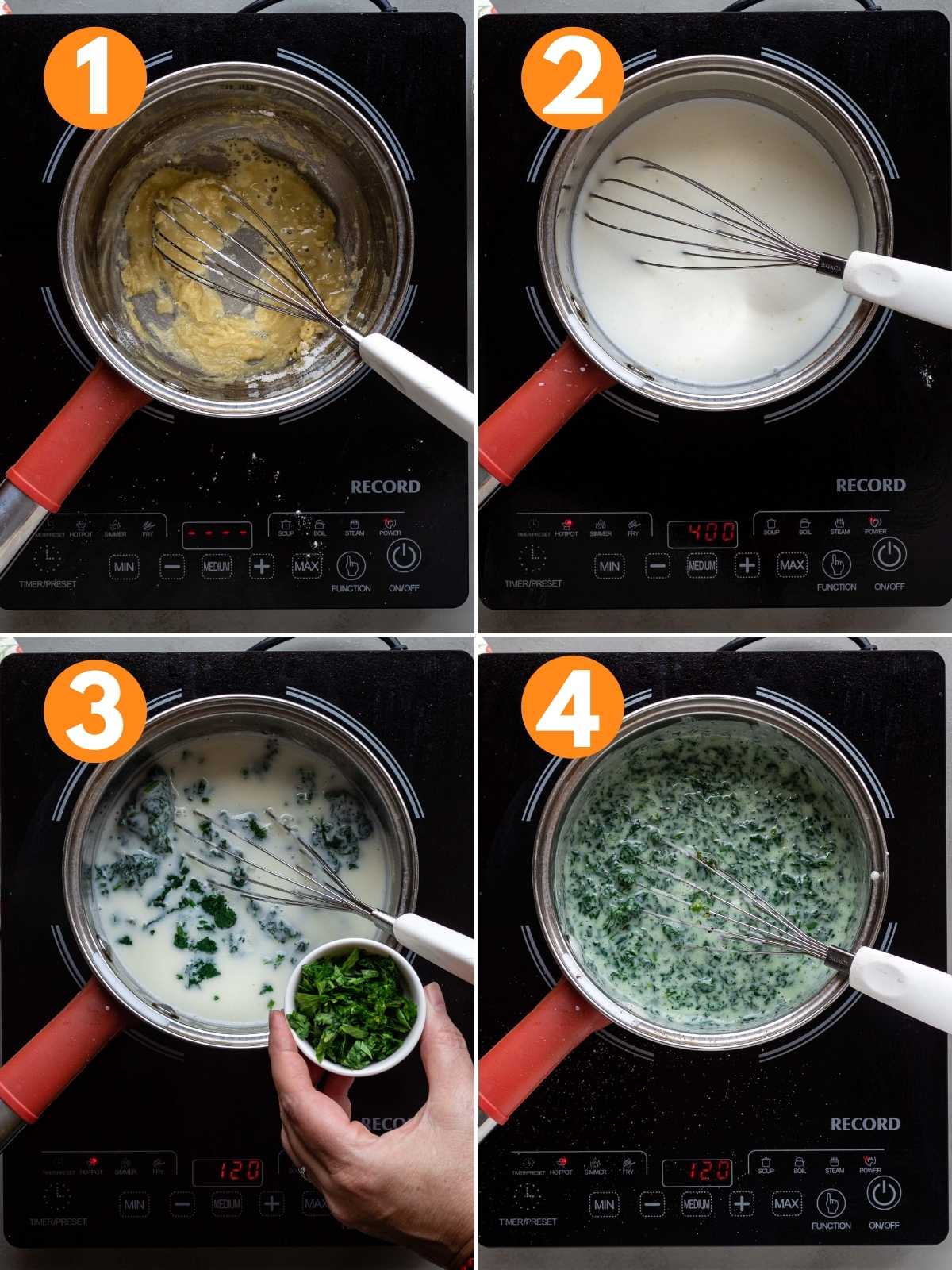 Collage of making the spinach bechamel sauce for vegetarian lasgana.