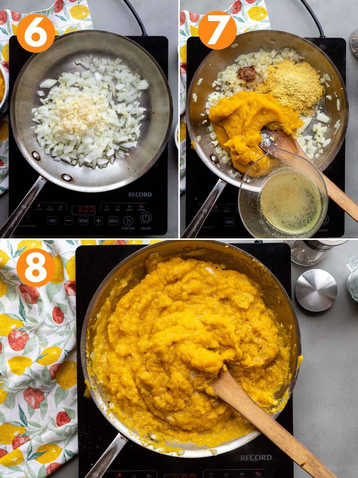 Collage of images making the butternut squash layer of vegetarian lasagna.