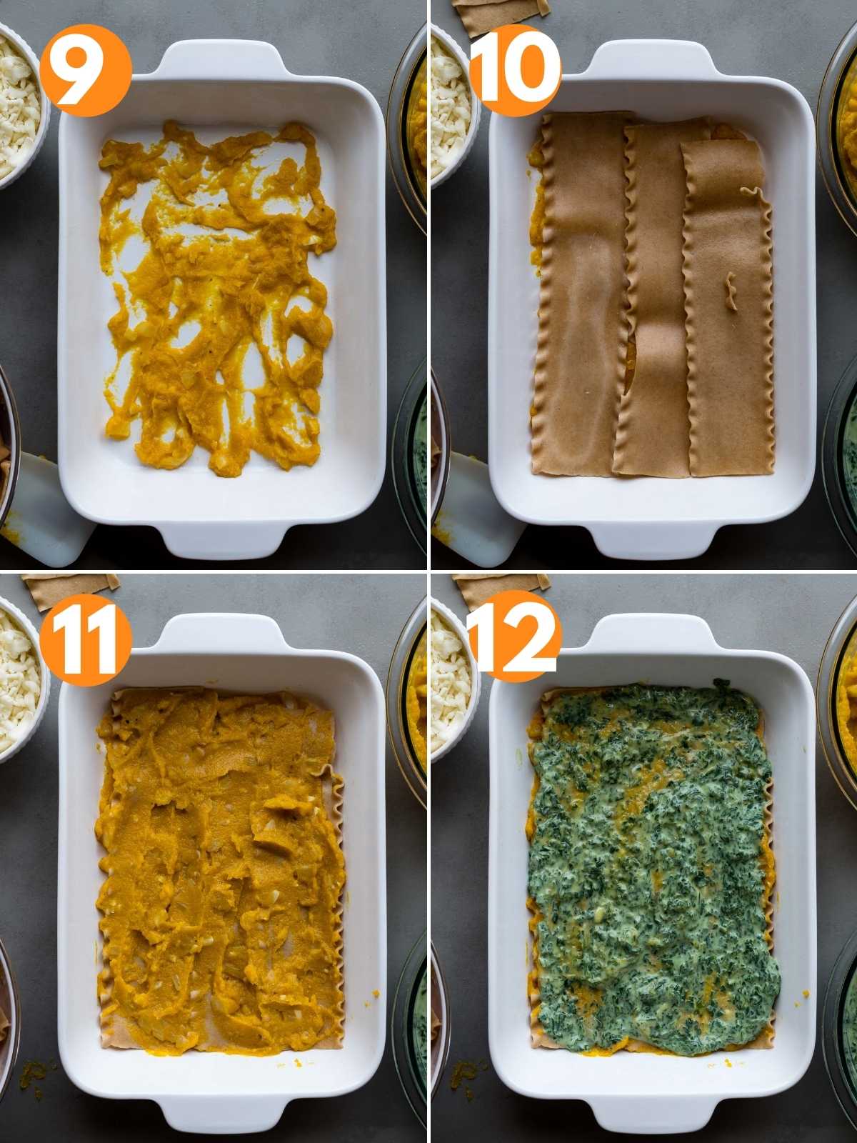 Collage of images showing layering the vegetarian white lasagna.