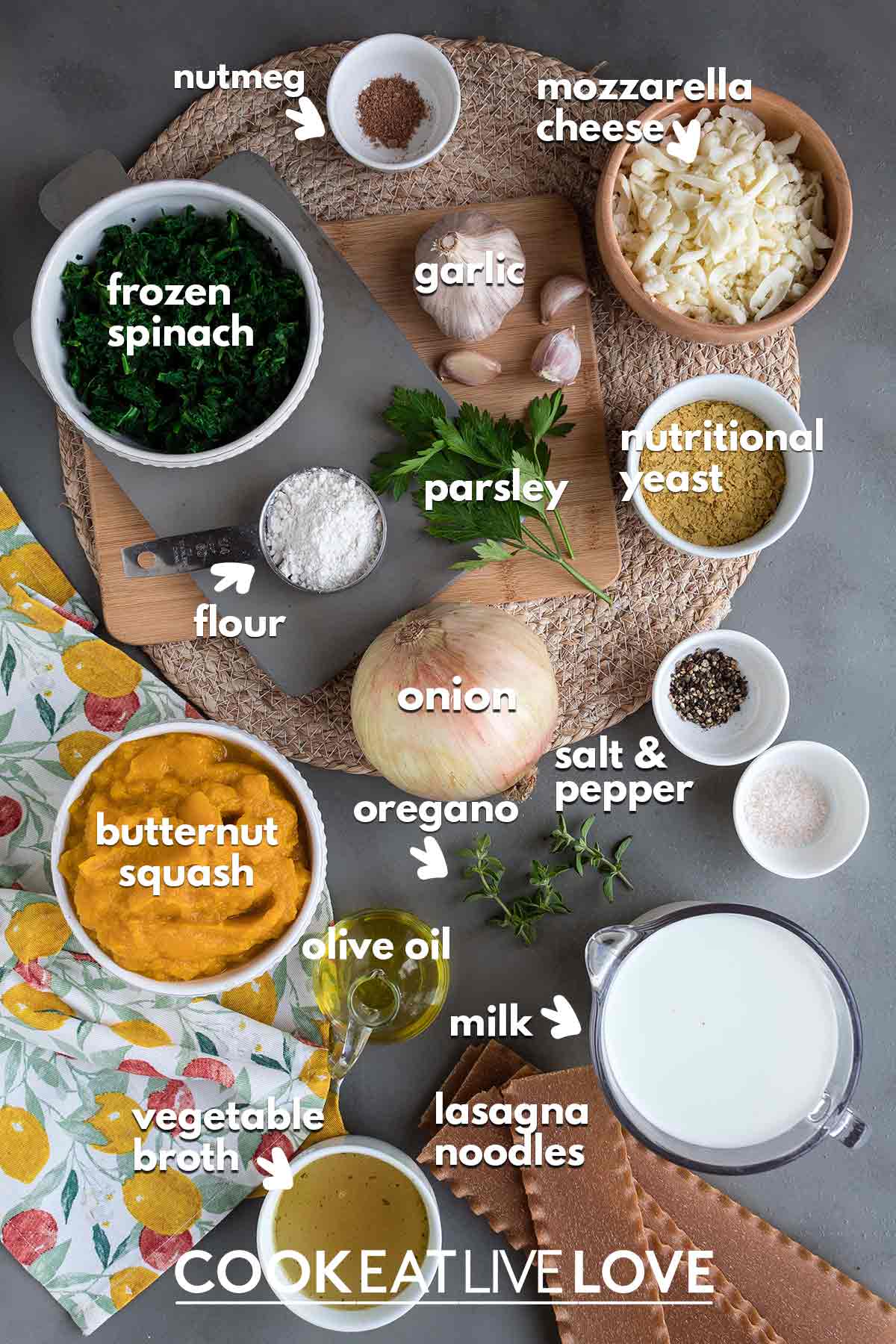 Ingredients on the table to make vegetarian white lasagna no ricotta.