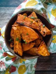 Bowl of balsamic miso sweet potatoes ready to eat.