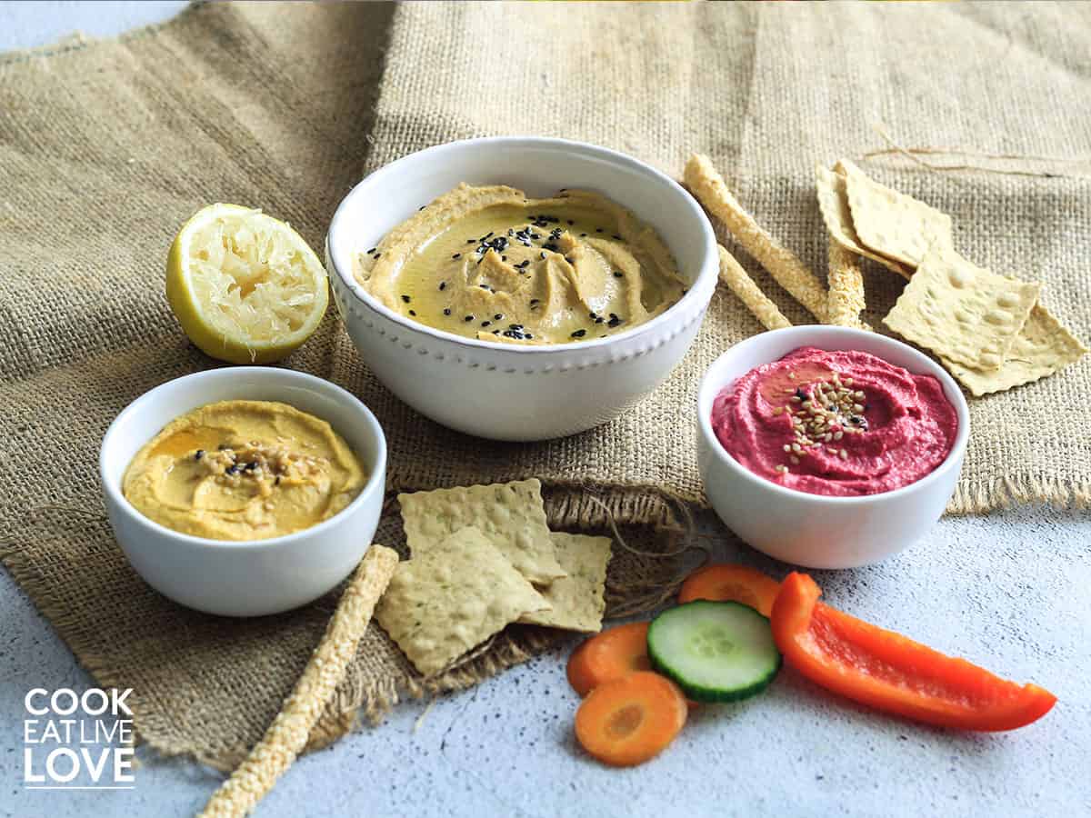 Veggie hummus in bowls on the table