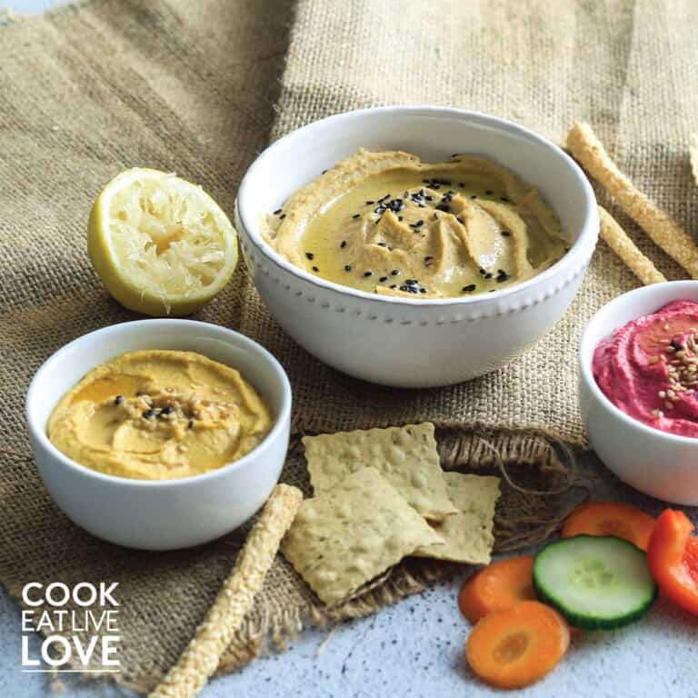 All three easy vegetable hummus flavors in a row.