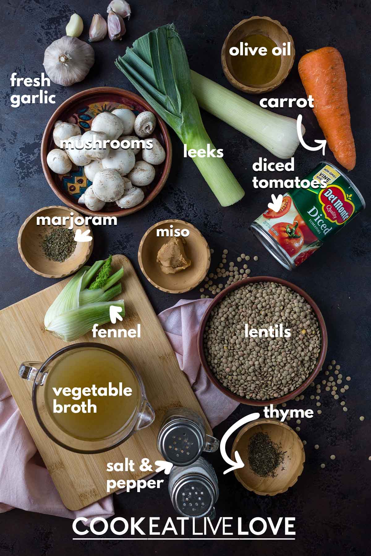 Ingredients to make vegan lentil stew in the instant pot.
