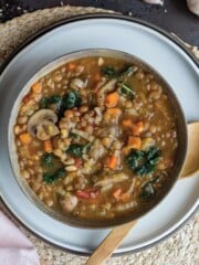 Bowl of vegan lentil stew instant pot on the table.