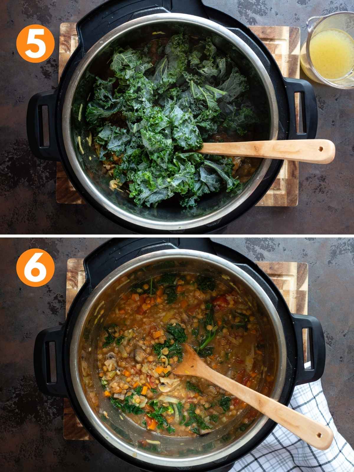 Kale added to the pot and lentil stew cooked in instant pot.